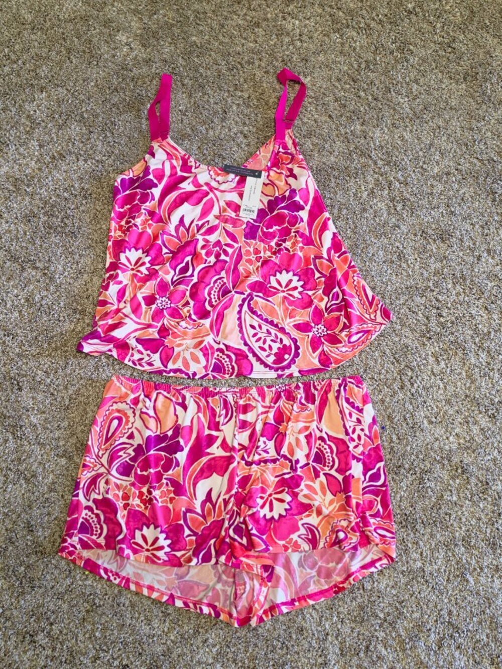 NWT Lilac + London Floral Print Knit Camisole Tap Shorts Pajama Set XL Hot Pink